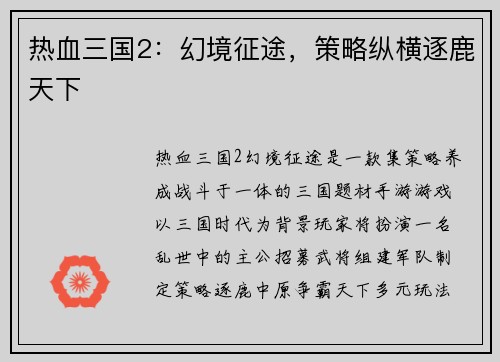 热血三国2：幻境征途，策略纵横逐鹿天下